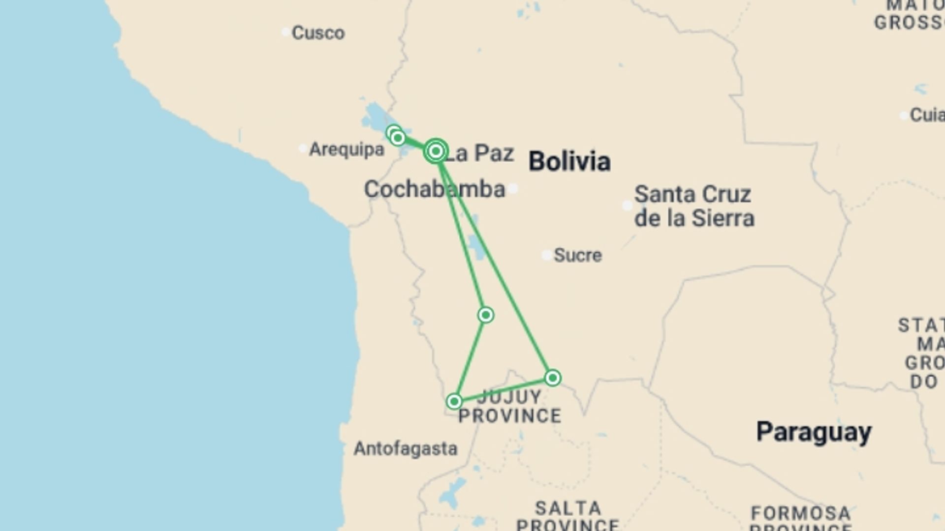 A map showing the tour itinerary for the trip: Bolivia Explorer 8D/7N, starting in La Paz, Bolivia and ending in La Paz, Bolivia going through 4 other destinations.