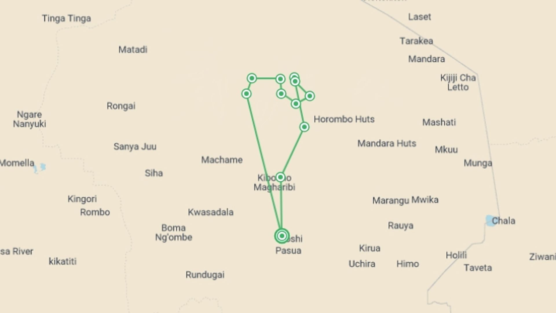 A map showing the tour itinerary for the trip: Eight-Day Kilimanjaro: Machame Route, starting in Moshi, Tanzania and ending in Moshi, Tanzania going through 9 other destinations.