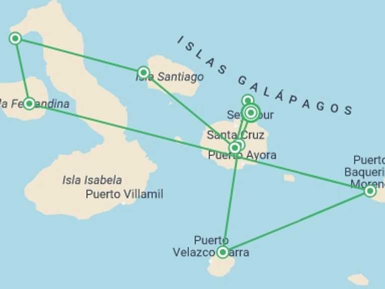 Map itinerary of Ecuador Tour in September 2027 with 9 destination visits for the trip: Galápagos – West and Central Islands aboard the Reina Silvia Voyager (Cruise Only)