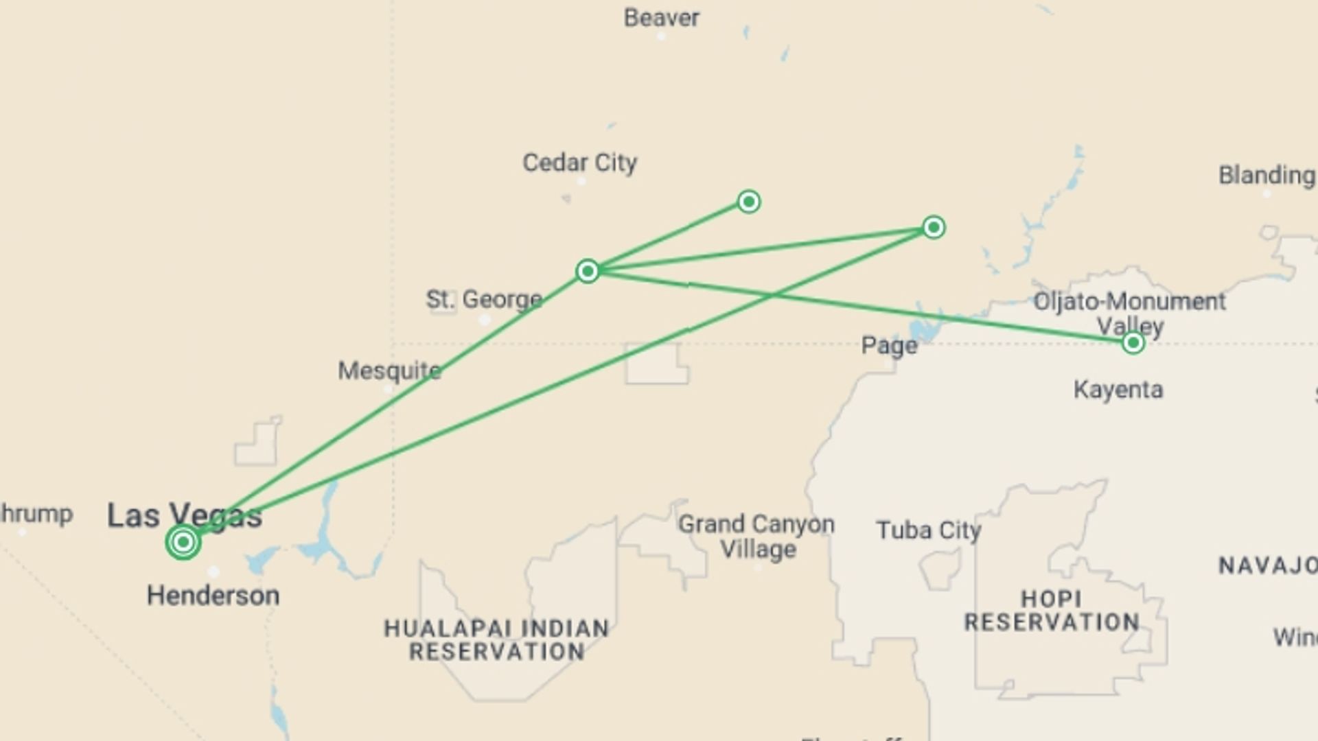 A map showing the tour itinerary for the trip: Zion Glamping Adventure, starting in Las Vegas, USA and ending in Las Vegas, USA going through 1 other destinations.