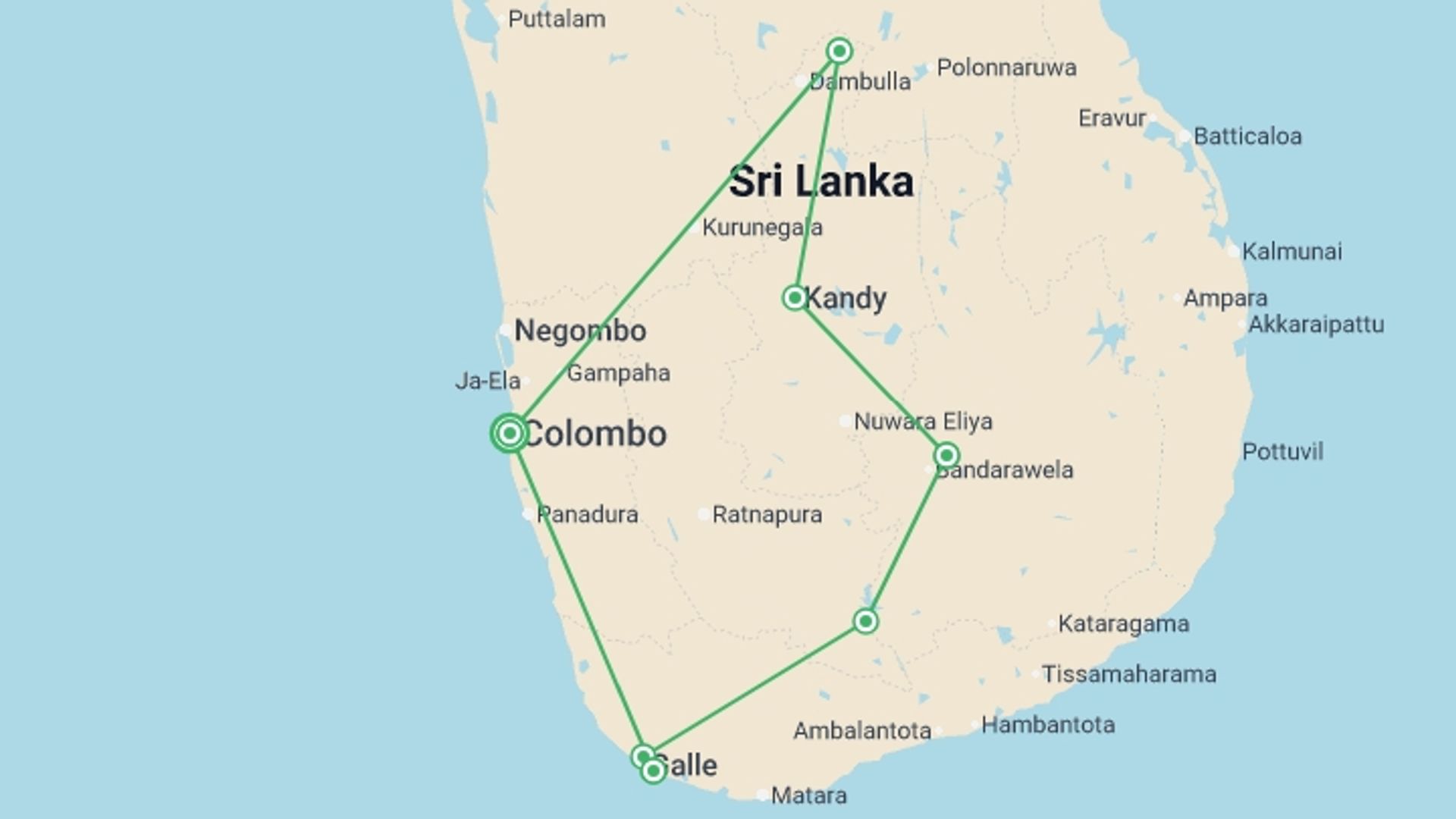 A map showing the tour itinerary for the trip: Pure Sri Lanka Reunion 35 to 45, starting in Colombo, Sri Lanka and ending in Colombo, Sri Lanka going through 6 other destinations.