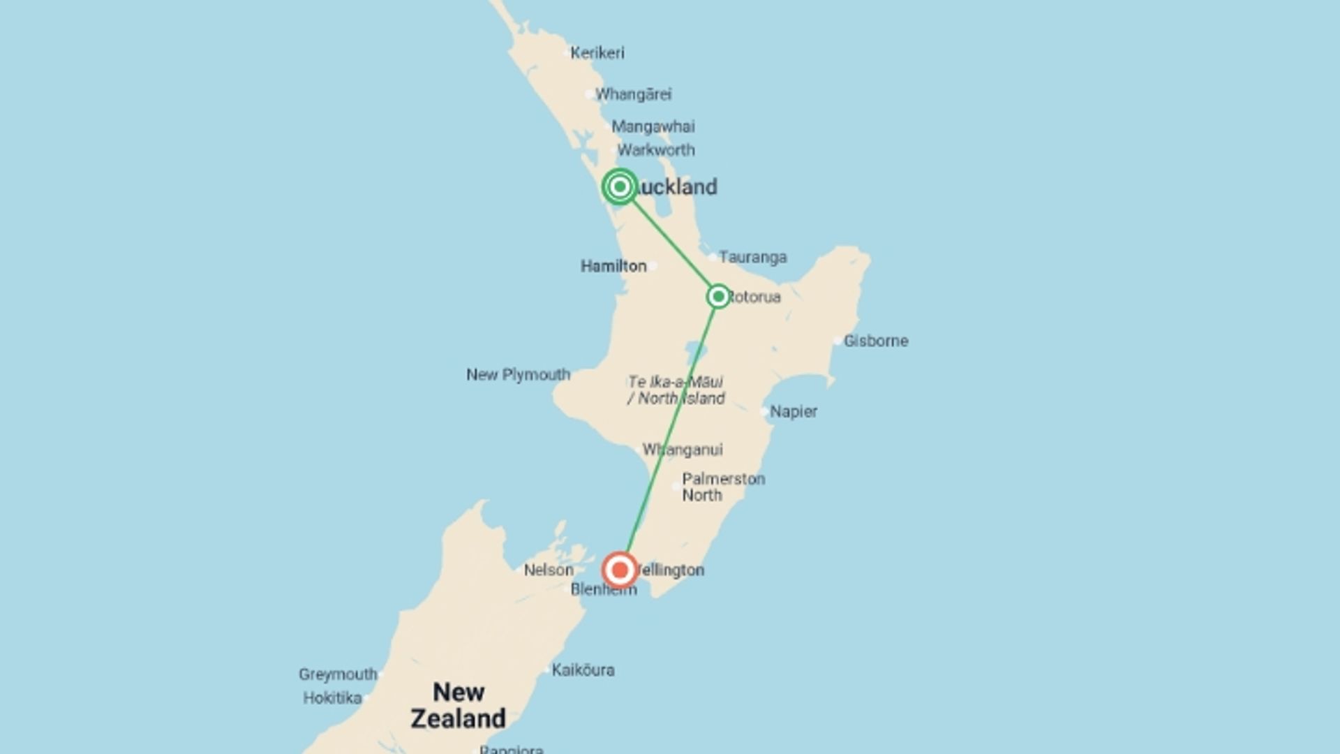 A map showing the tour itinerary for the trip: Iconic North, starting in Auckland, New Zealand and ending in Wellington, New Zealand going through 3 other destinations.