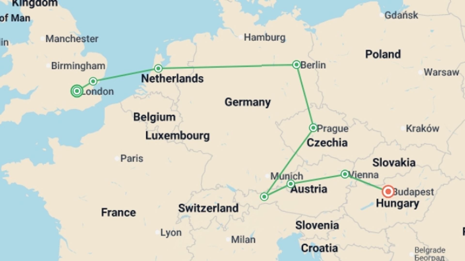 A map showing the tour itinerary for the trip: From London to Budapest, starting in London, England and ending in Budapest, Hungary going through 7 other destinations.