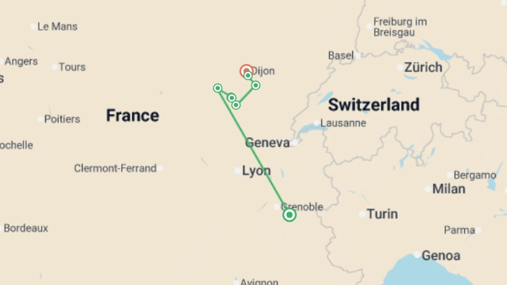 A map showing the tour itinerary for the trip: Fine Food and Wines on a Cruise through the Burgundy Region (port-to-port cruise), starting in Bourg D'oisans, France and ending in Dijon, France going through 5 other destinations.