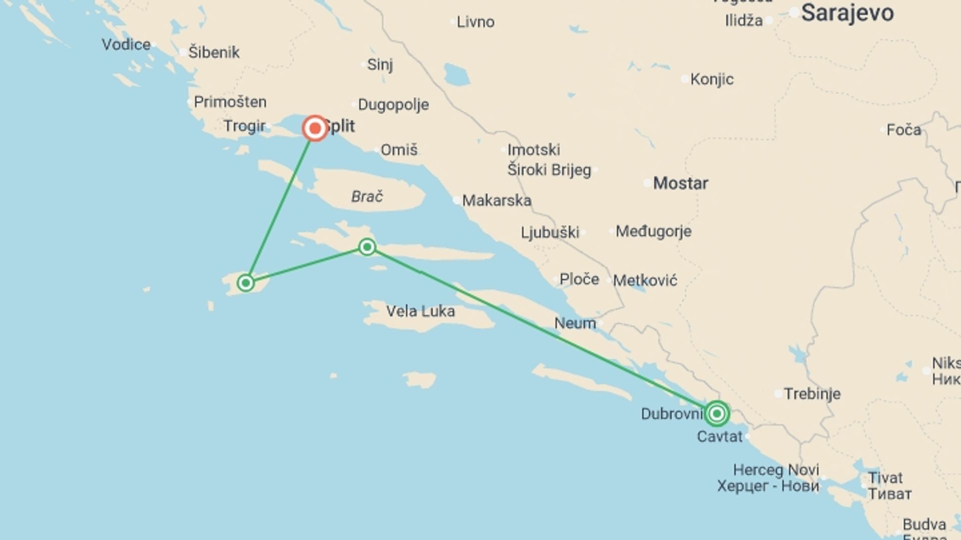 A map showing the tour itinerary for the trip: Explore Croatia, starting in Dubrovnik, Croatia and ending in Split, Croatia going through 2 other destinations.