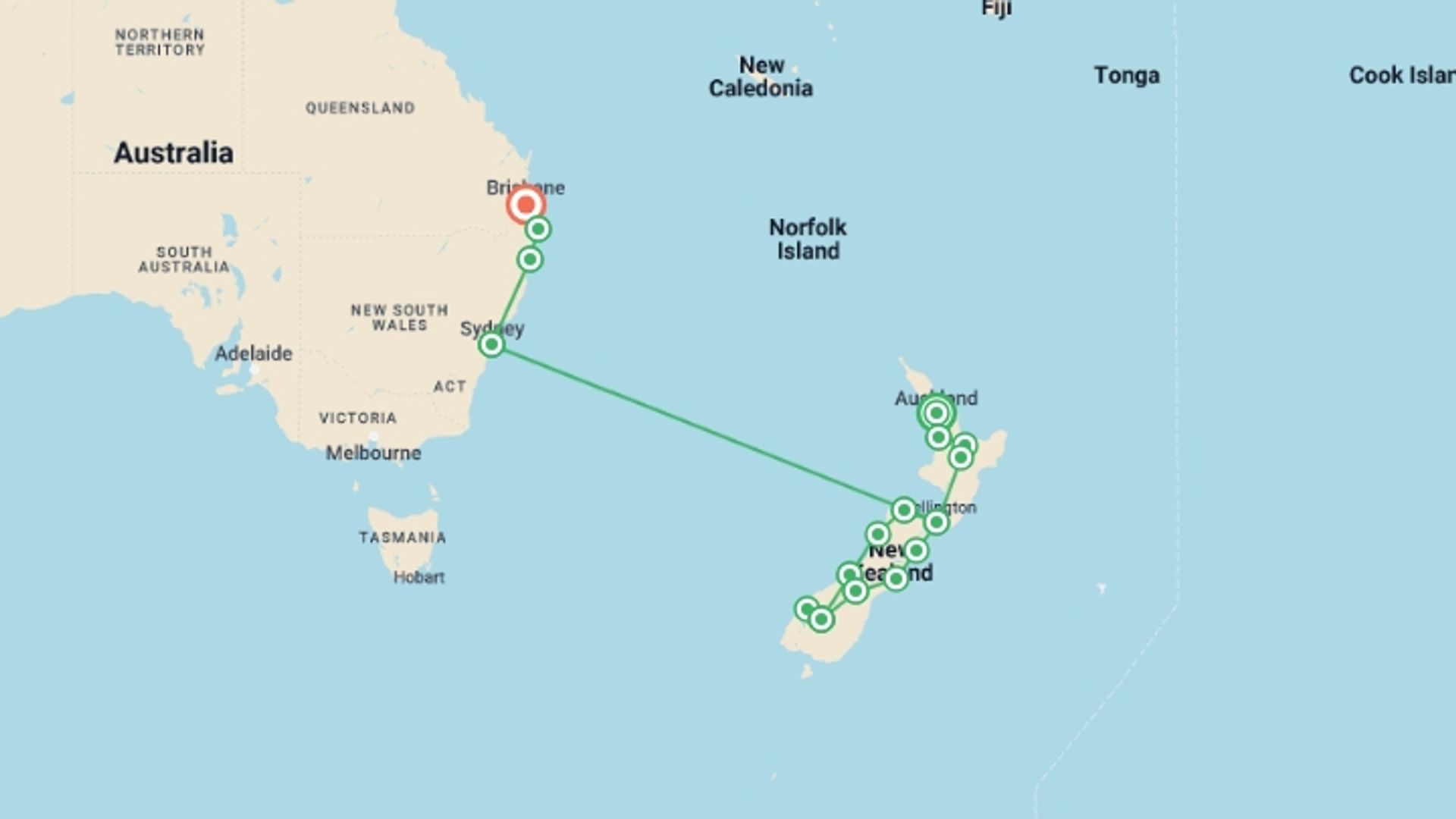 A map showing the tour itinerary for the trip: Australia and New Zealand: Surf, Sun & Epic Parks, starting in Auckland, New Zealand and ending in Brisbane, Australia going through 14 other destinations.