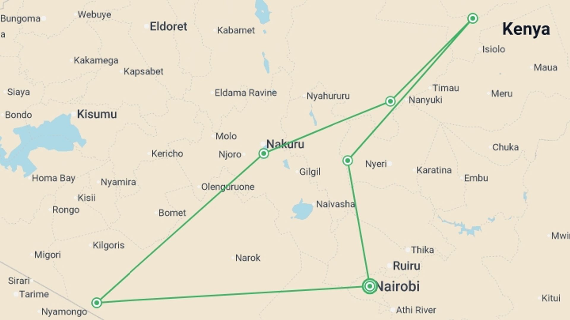 A map showing the tour itinerary for the trip: Wonders of Kenya, starting in Nairobi, Kenya and ending in Nairobi, Kenya going through 5 other destinations.