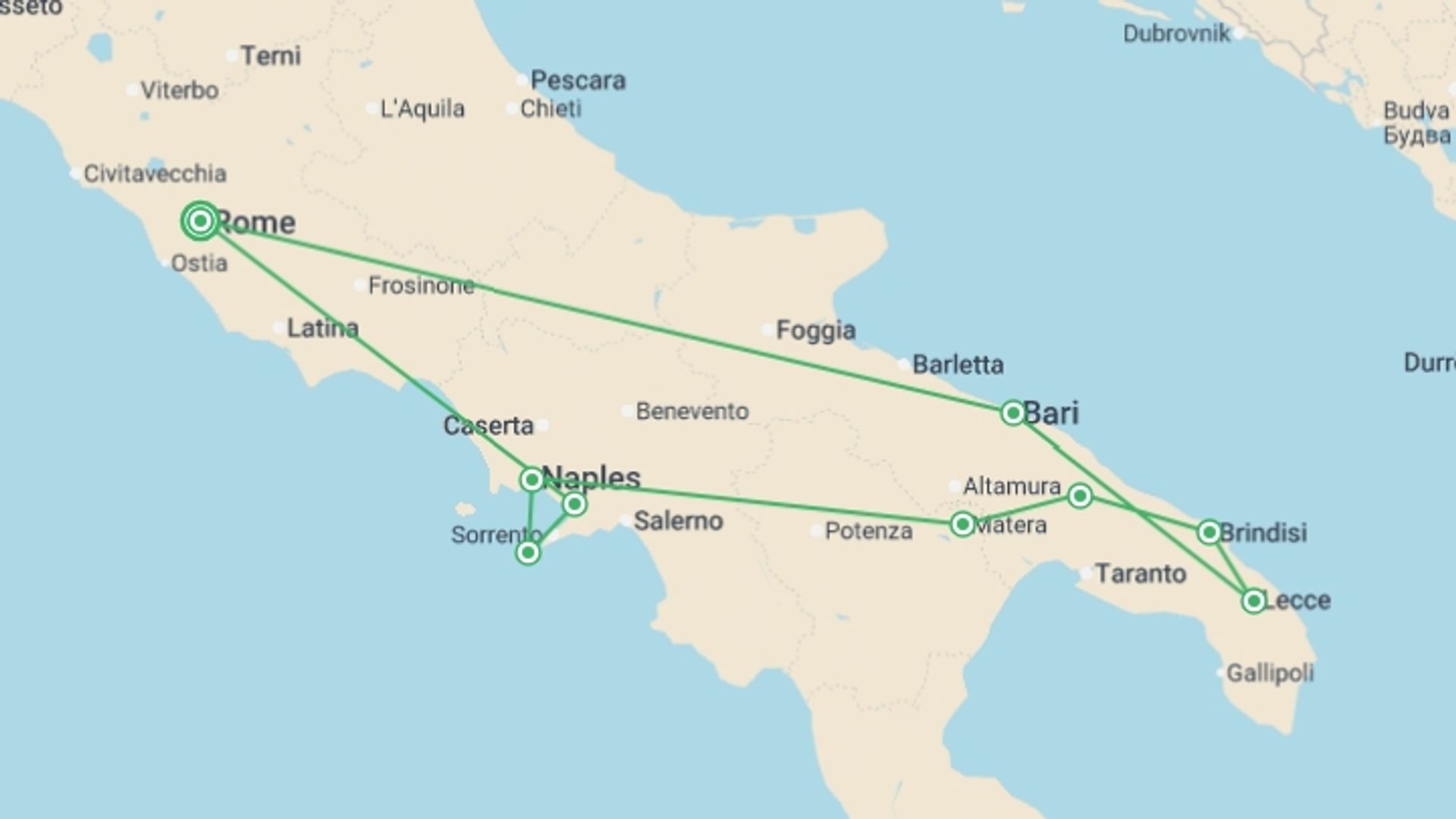 A map showing the tour itinerary for the trip: Beautiful Puglia, starting in Rome, Italy and ending in Rome, Italy going through 3 other destinations.