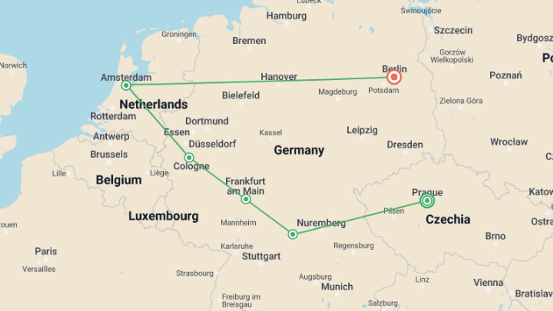 A map showing the tour itinerary for the trip: Prague to Berlin, starting in Prague, Czech Republic and ending in Berlin, Germany going through 2 other destinations.