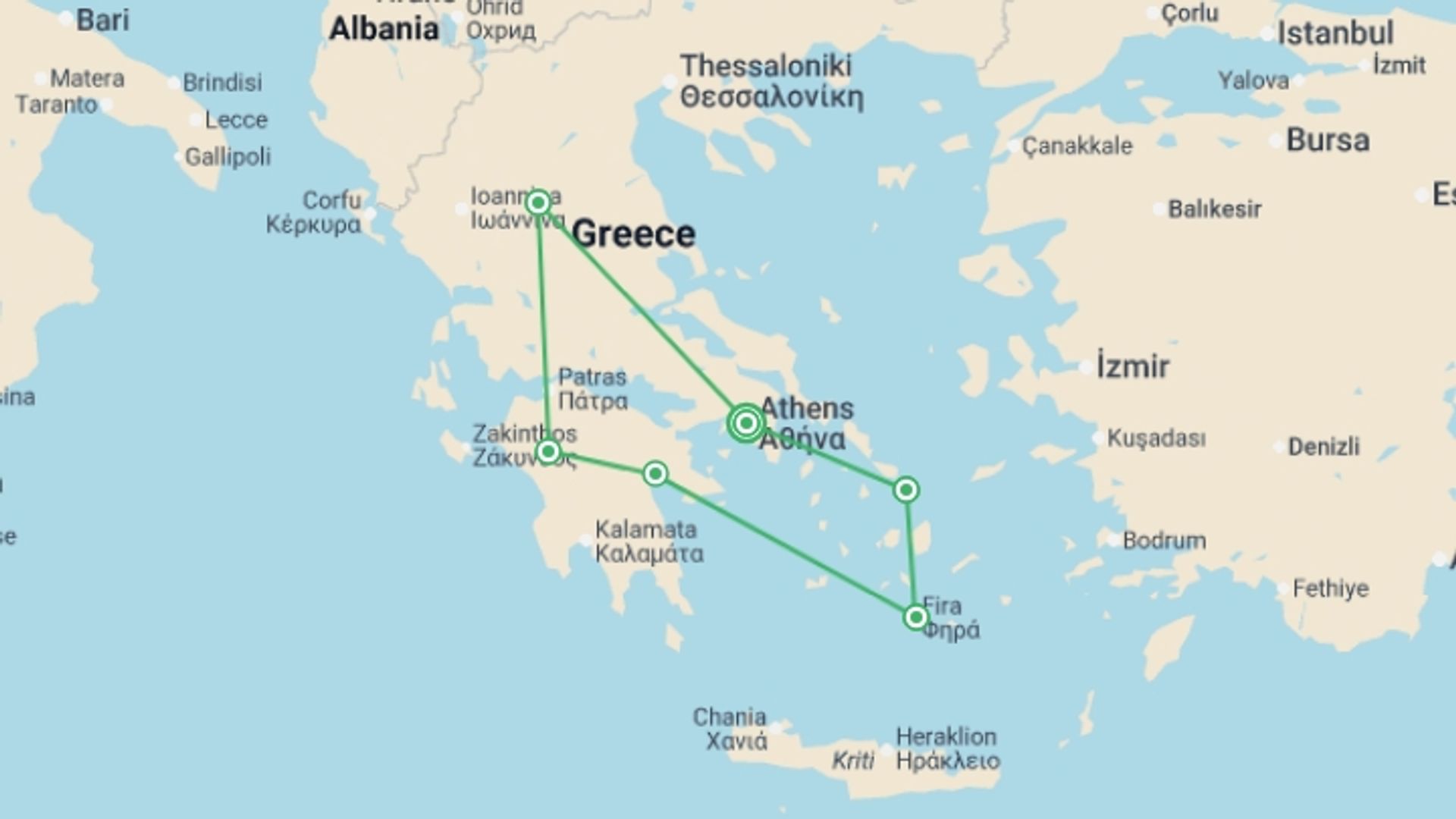 A map showing the tour itinerary for the trip: Treasures of Greece & The Islands, starting in Athens, Greece and ending in Athens, Greece going through 5 other destinations.