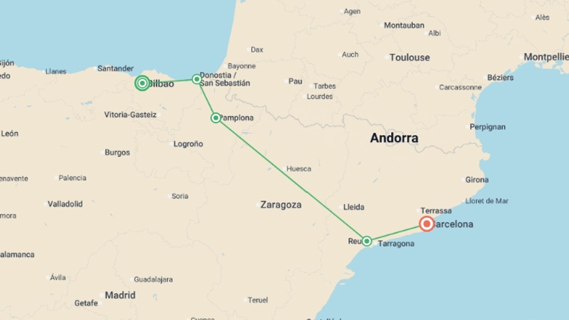A map showing the tour itinerary for the trip: Catalonia and the Basque Country and Eclipse, starting in Bilbao, Spain and ending in Barcelona, Spain going through 3 other destinations.