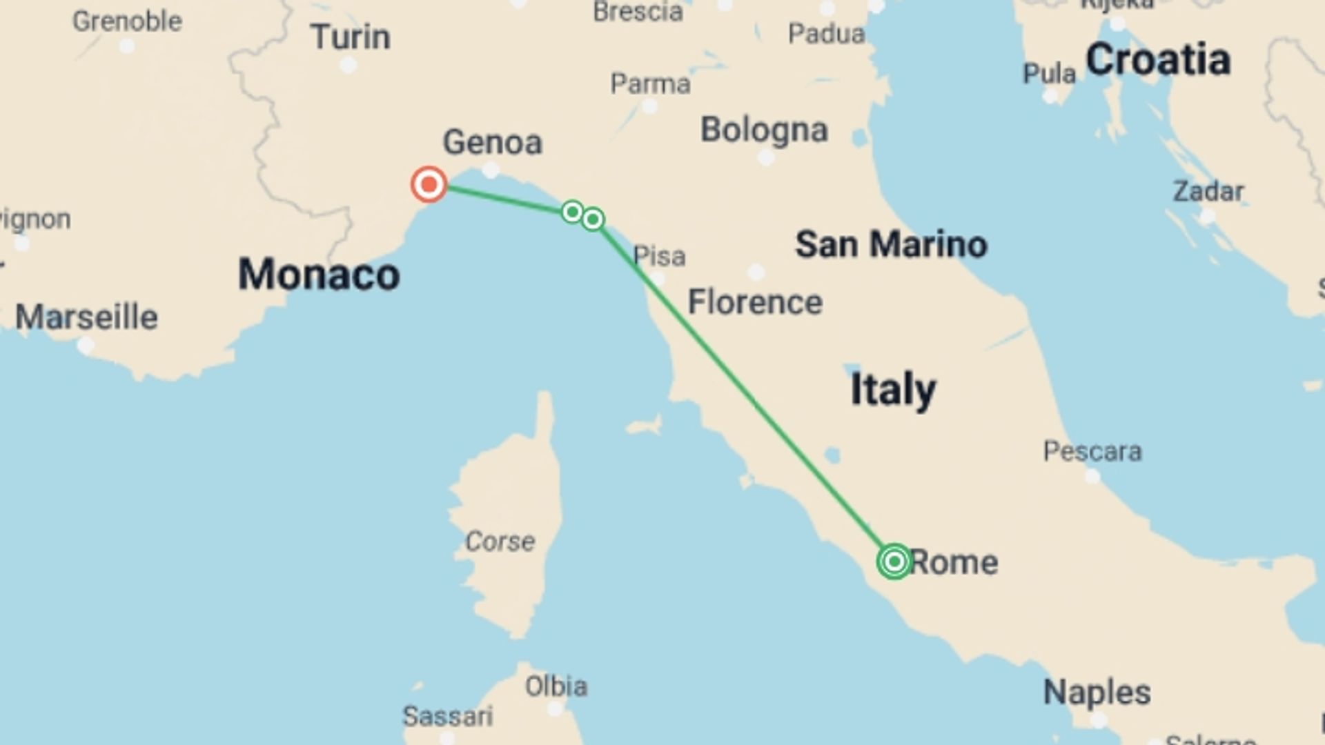 A map showing the tour itinerary for the trip: Rome & Cinque Terre Escapade, starting in Rome, Italy and ending in undefined, Italy going through 1 other destinations.