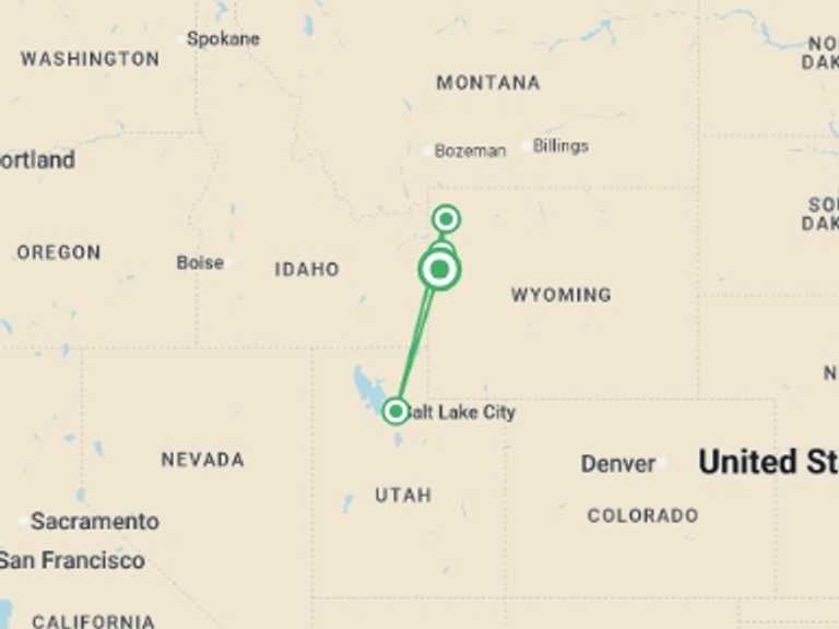 Map of North America Tour with 4 destination visits for the trip: Yellowstone and Grand Tetons