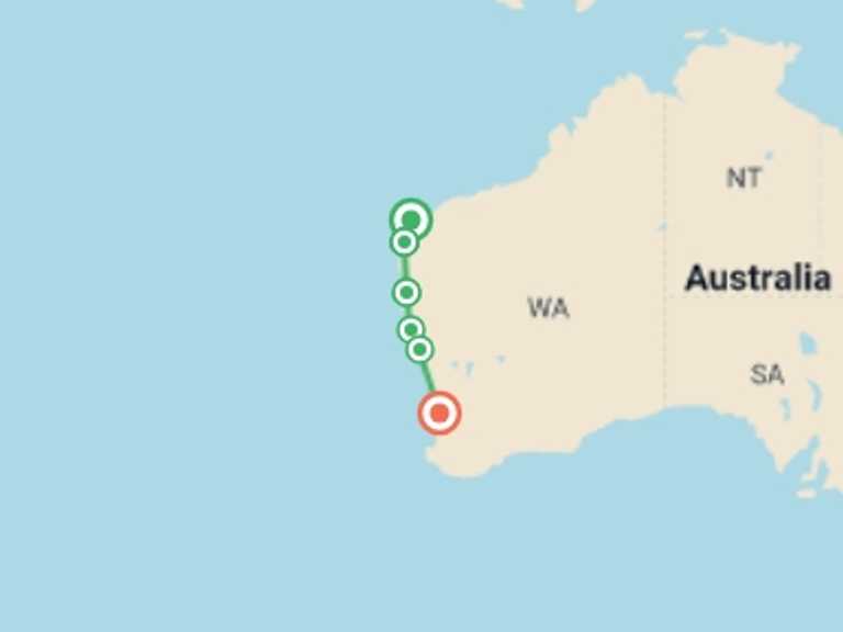 Map itinerary of Oceania Tour in May 2026 with 6 destination visits for the trip: West Coast Adventure (Southbound)