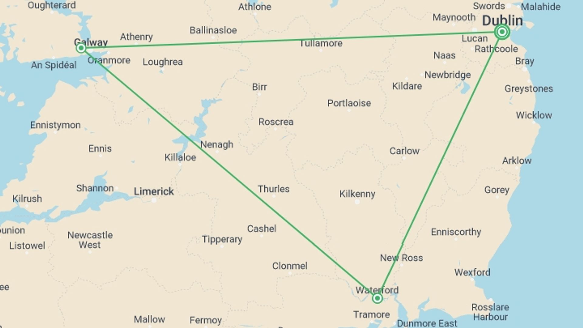 A map showing the tour itinerary for the trip: Ireland in Low Season, starting in Dublin, Ireland and ending in Dublin, Ireland going through 2 other destinations.