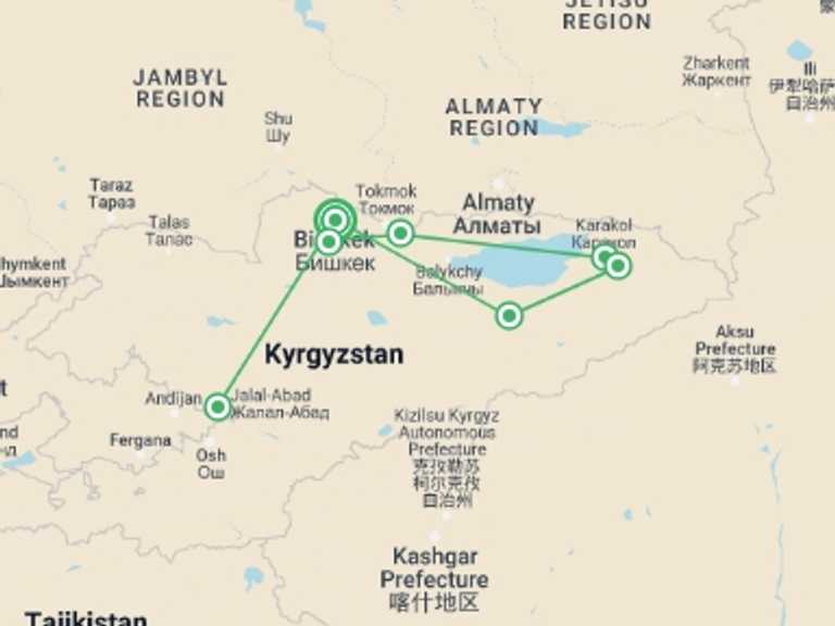 Map itinerary of Bishkek Tour in September 2026 with 8 destination visits for the trip: Walking in Kyrgyzstan
