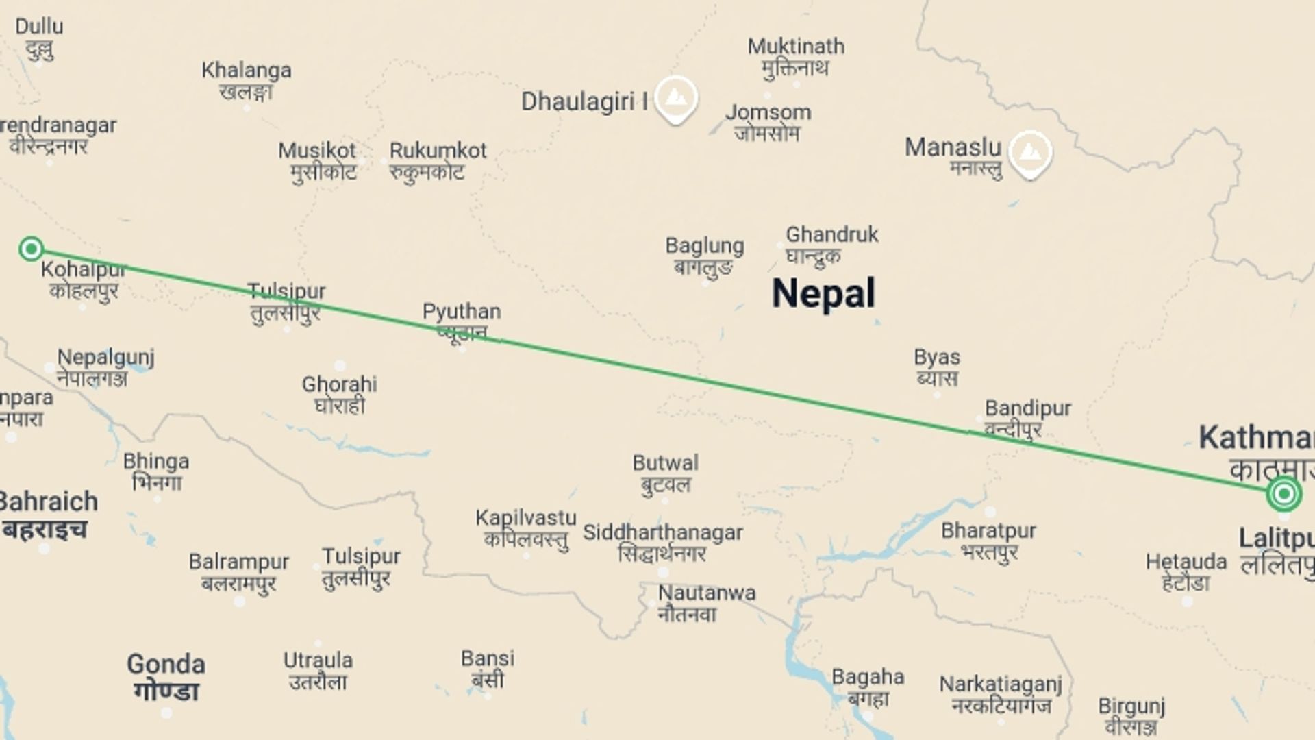 A map showing the tour itinerary for the trip: Bardia National Park 5 Days/ 4 Nights, starting in Kathmandu, Nepal and ending in Kathmandu, Nepal going through 1 other destinations.