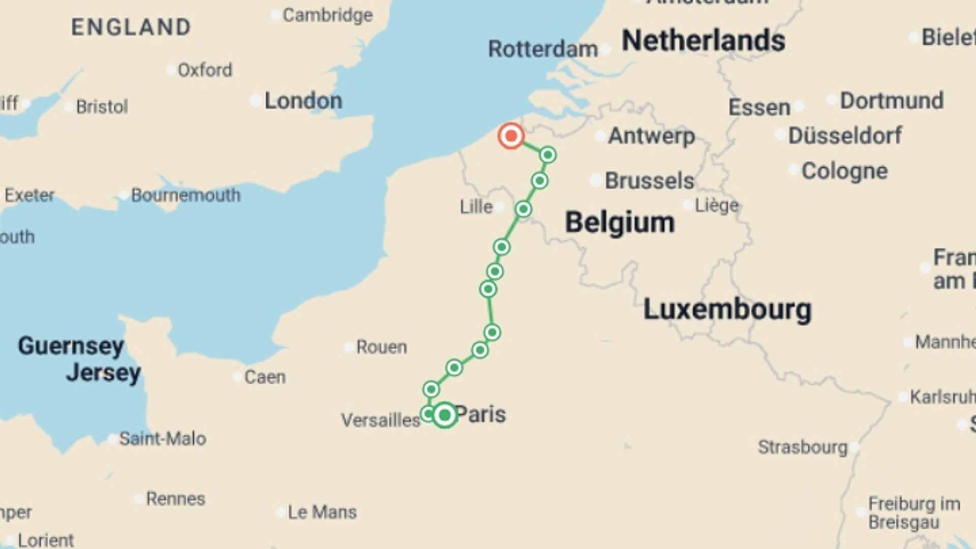 A map showing the tour itinerary for the trip: Paris to Bruges Bike and Barge, starting in Paris, France and ending in Bruges, Belgium going through 10 other destinations.