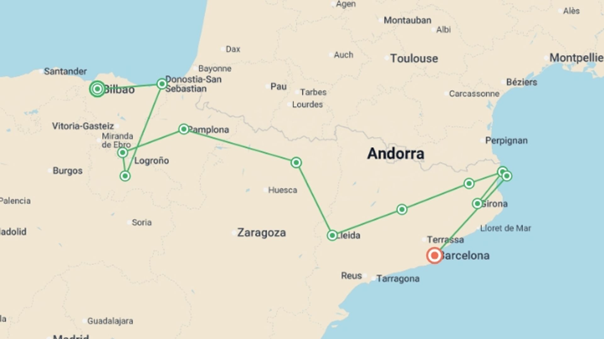A map showing the tour itinerary for the trip: Highlights of Northern Spain, starting in Bilbao, Spain and ending in Barcelona, Spain going through 5 other destinations.
