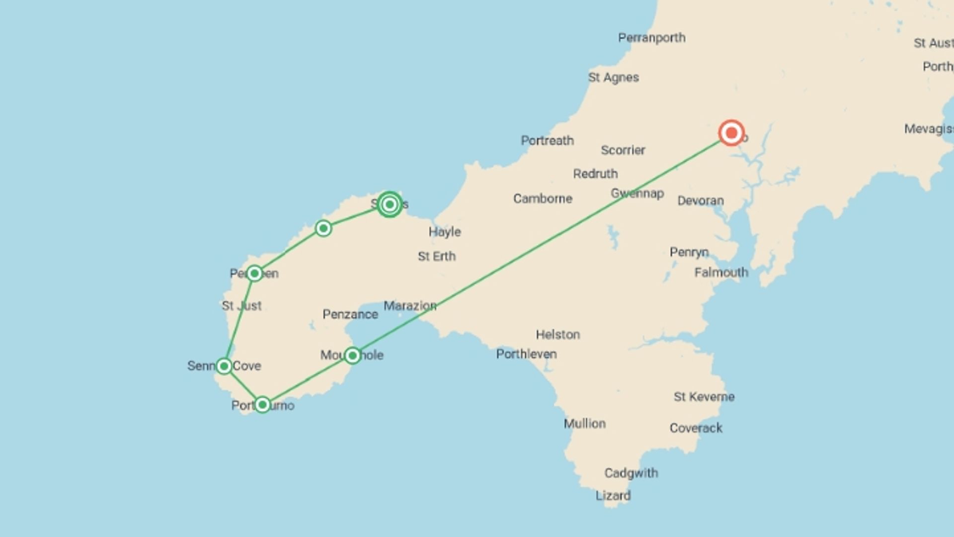 A map showing the tour itinerary for the trip: Walking The Western Tip of Cornwall, starting in St Ives, England and ending in Cornwall, England going through 2 other destinations.
