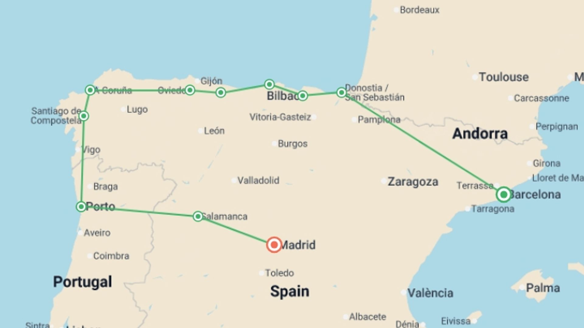 A map showing the tour itinerary for the trip: 8 Day North Of Spain Guided Tour From Barcelona (c-782), starting in Zaragoza, Spain and ending in Zaragoza, Spain going through 8 other destinations.
