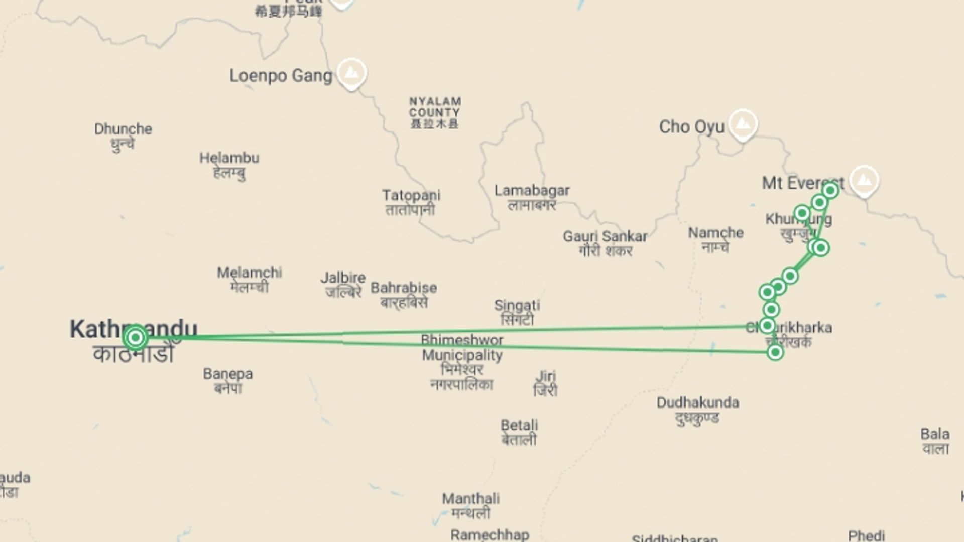 A map showing the tour itinerary for the trip: Everest Base Camp Trek - Expedition Departures, starting in Kathmandu, Nepal and ending in Kathmandu, Nepal going through 12 other destinations.