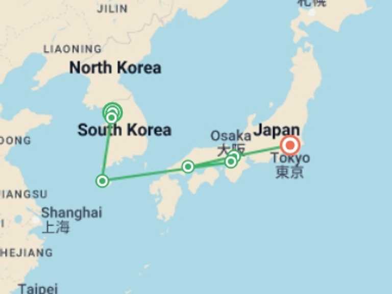 Map of 15-Day Osaka Tour with 7 destination visits for the trip: Japan & South Korea Cherry Blossom Small Group Tour
