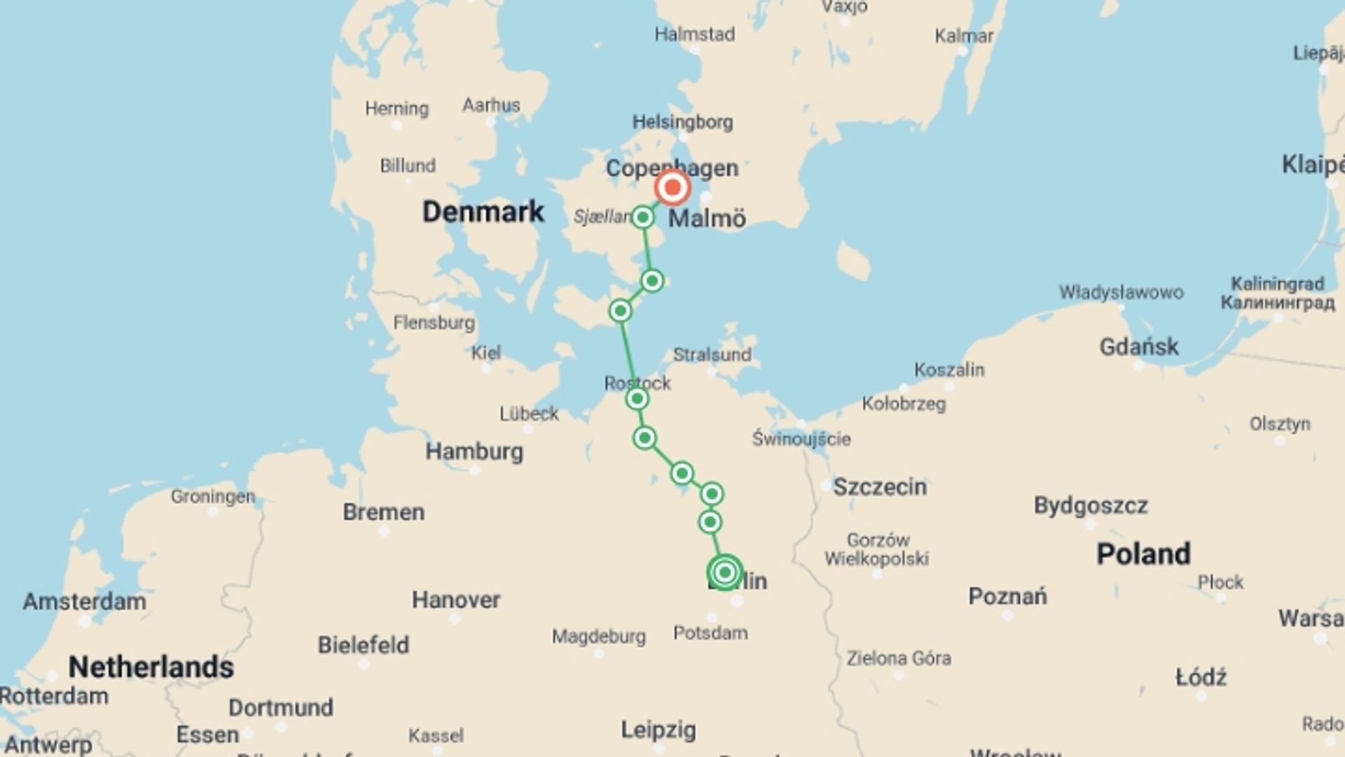A map showing the tour itinerary for the trip: Berlin to Copenhagen by Bike, starting in Oranienburg, Germany and ending in Copenhagen, Denmark going through 8 other destinations.