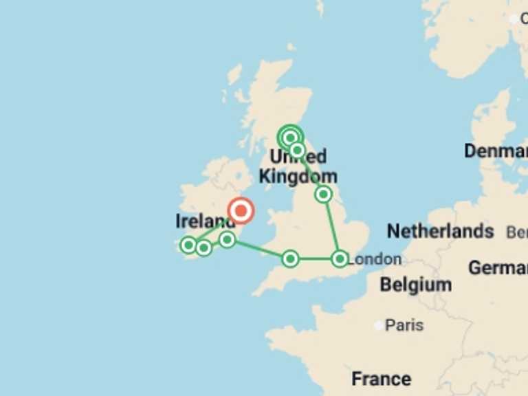 Map itinerary of Europe Tour in Fall with 8 destination visits for the trip: Exploring Britain and Ireland featuring England, Ireland, Scotland and Wales
