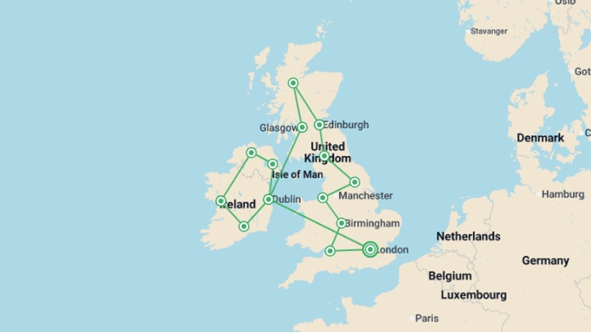 A map showing the tour itinerary for the trip: Great Britain and Ireland, starting in London, England and ending in London, England going through 13 other destinations.