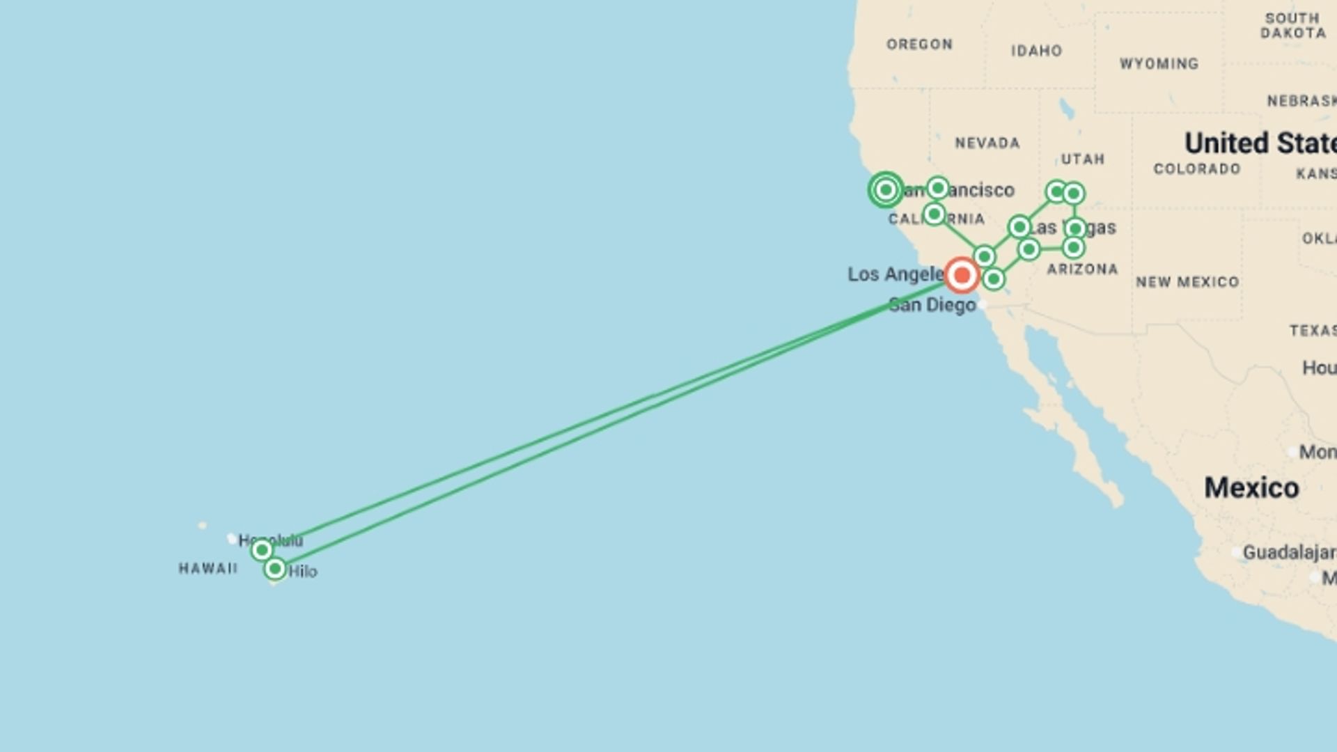 A map showing the tour itinerary for the trip: San Francisco, Maui to Los Angeles - 15 days, starting in San Francisco, USA and ending in Los Angeles, USA going through 6 other destinations.