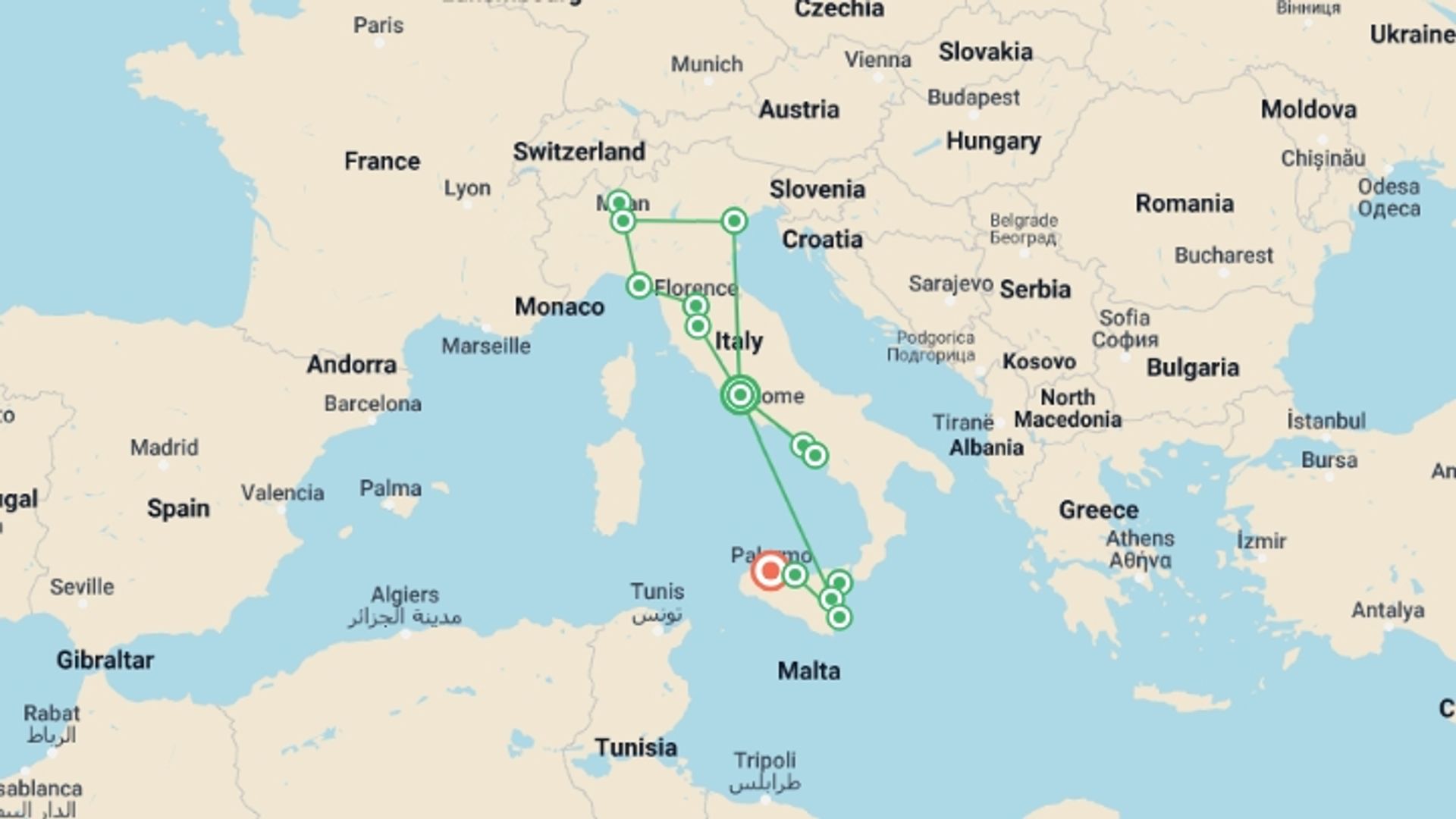 A map showing the tour itinerary for the trip: Ultimate Italy, starting in Rome, Italy and ending in Palermo, Italy going through 1 other destinations.