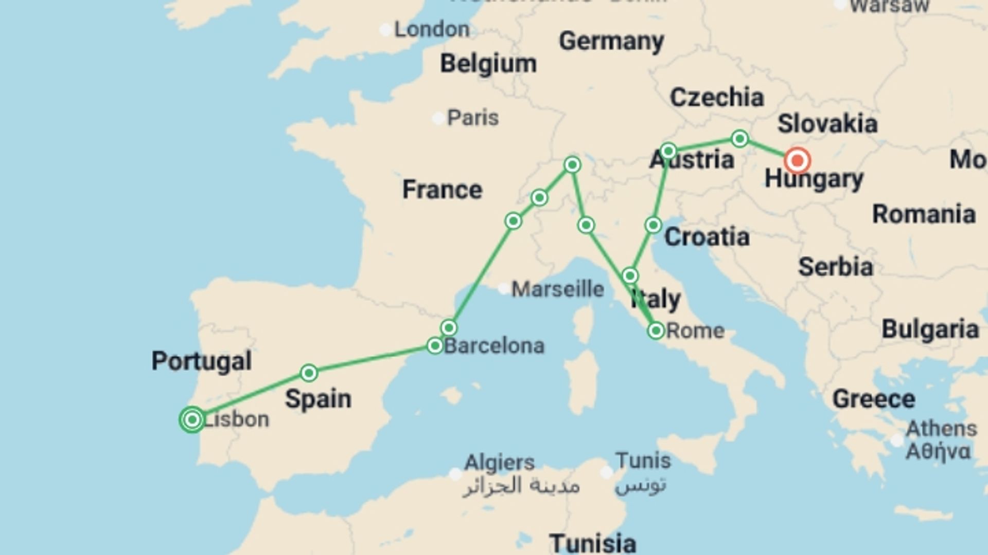 A map showing the tour itinerary for the trip: Europe from West to East end Budapest, starting in Lisbon, Portugal and ending in Budapest, Hungary going through 12 other destinations.