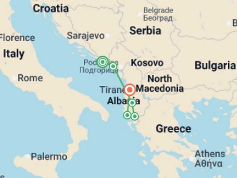 Map itinerary of Kotor Tour in October 2026 with 6 destination visits for the trip: Premium Albania and Montenegro