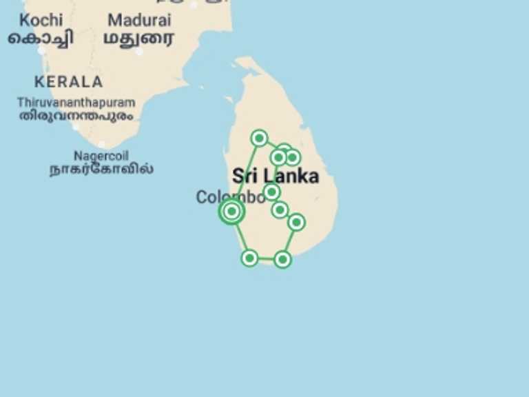 Map itinerary of Sri Lanka Tour in April 2027 with 9 destination visits for the trip: Affordable luxury: Sri Lanka grand tour