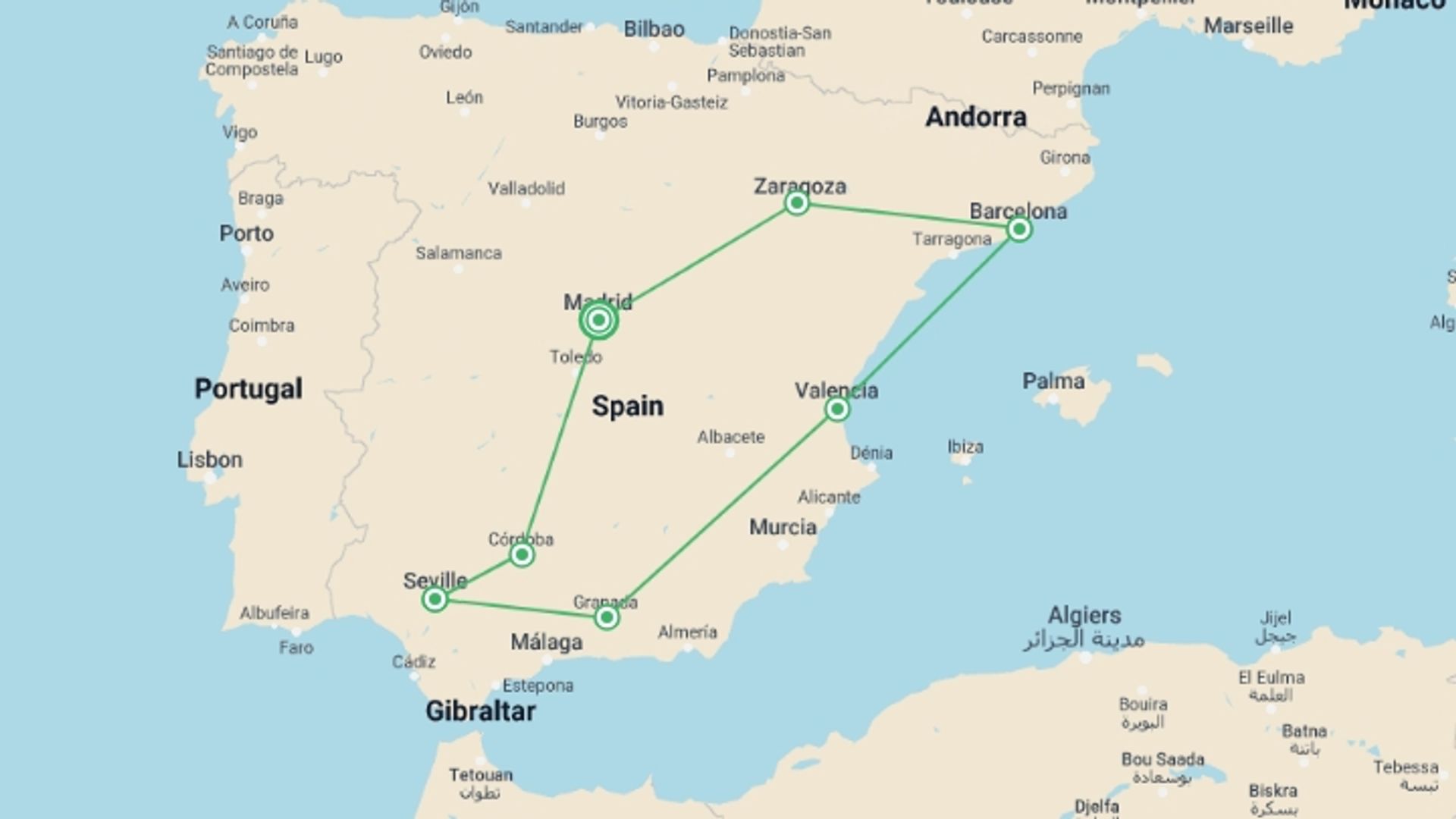 A map showing the tour itinerary for the trip: Absolutely Spain, starting in Madrid, Spain and ending in Madrid, Spain going through 4 other destinations.