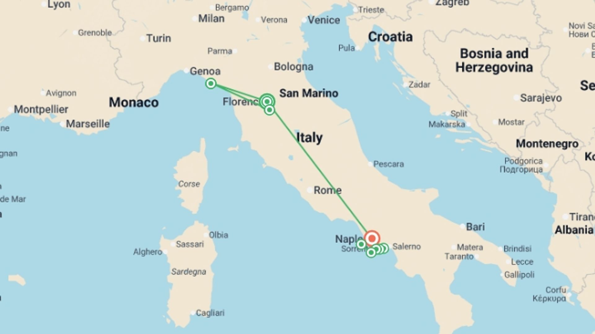 A map showing the tour itinerary for the trip: Tuscany to the Amalfi Coast: Italy by Land & Sea, starting in Florence, Italy and ending in Naples, Italy going through 5 other destinations.