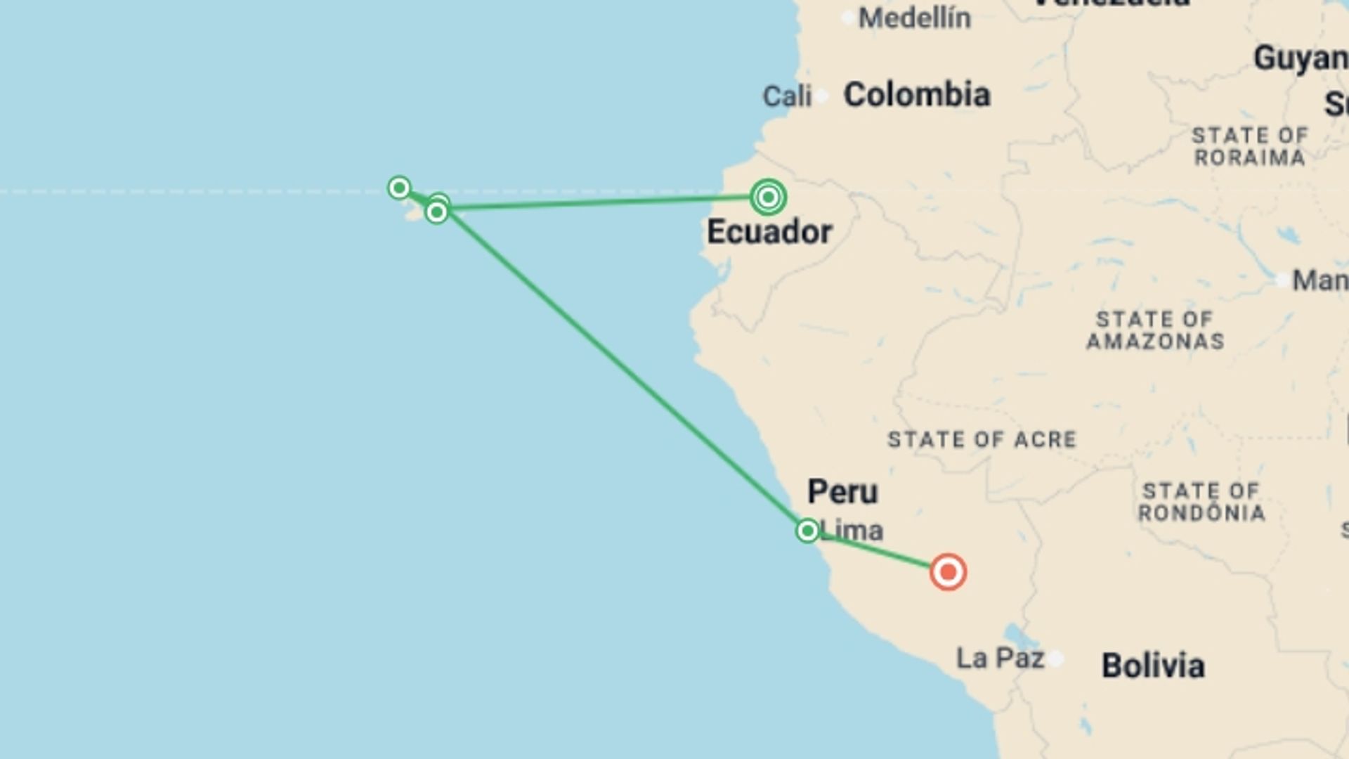 A map showing the tour itinerary for the trip: Essential Ecuador And Peru, starting in Quito, Ecuador and ending in Cusco, Peru going through 6 other destinations.