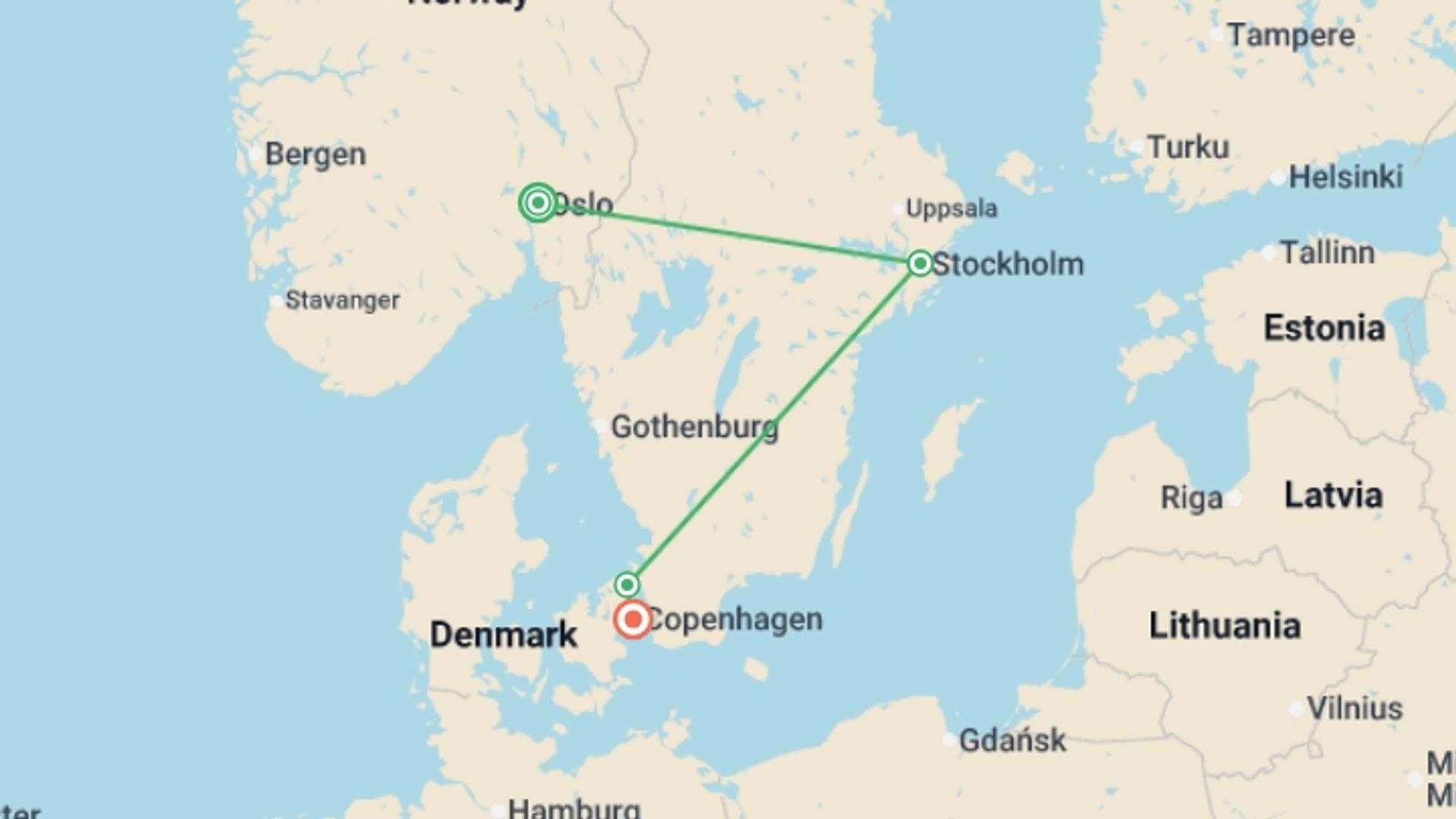 A map showing the tour itinerary for the trip: Solo Lite Stunning Scandinavian Capitals, starting in Oslo, Norway and ending in Copenhagen, Denmark going through 3 other destinations.