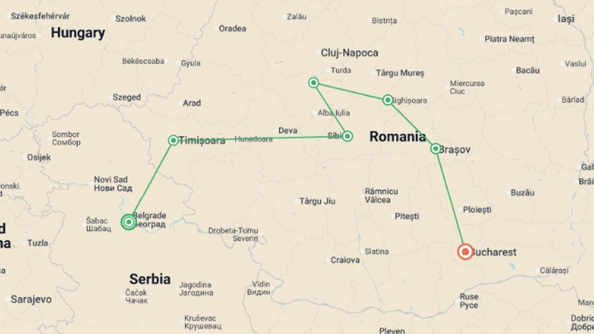 A map showing the tour itinerary for the trip: Premium Belgrade to Bucharest, starting in Belgrade, Serbia and ending in Bucharest, Romania going through 5 other destinations.