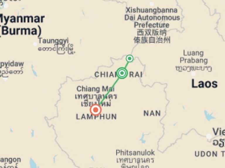 Map of Chiang Mai Getaways and short breaks Tour with 2 destination visits for the trip: North Thailand Highlights, Small Group Tour (other Languages)