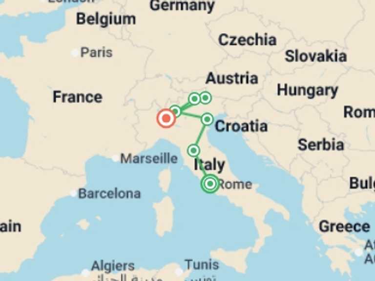 Map itinerary of Italy Tour in August 2026 with 7 destination visits for the trip: Rome to Milan Encompassed - 17 days