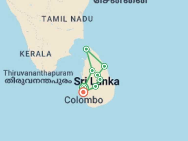 Map of a Farm and plantation visits Tour with 8 destination visits for the trip: Sri Lanka Explorer