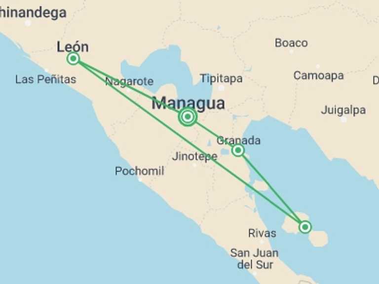 Map of a Lagoons Tour with 4 destination visits for the trip: Best of Nicaragua