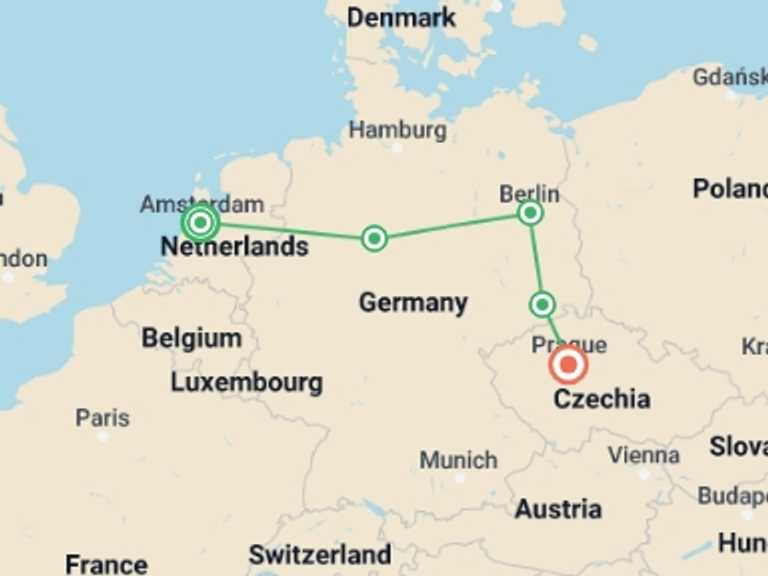Map of Prague City sightseeing Tour with 3 destination visits for the trip: Amsterdam, Berlin and Prague
