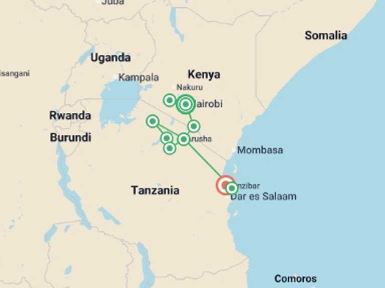 Map itinerary of Serengeti National Park Tour in November 2026 with 10 destination visits for the trip: Kenya & Tanzania: Maasai Mara, Serengeti & Zanzibar Highlights