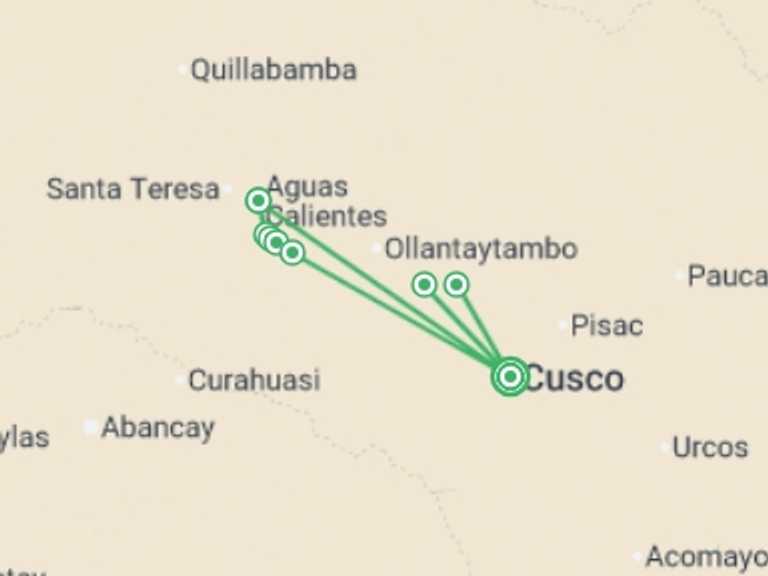 Map of Peru Walking Tour with 4 destination visits for the trip: Machu Picchu Trek & Cuzco Adventure 10D/9N