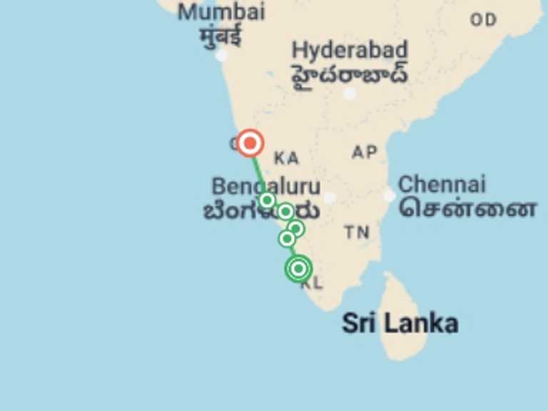 Map itinerary of Kerala & Tamil Nadu Tour in December 2026 with 7 destination visits for the trip: Upgraded - South India: Kerala to Goa