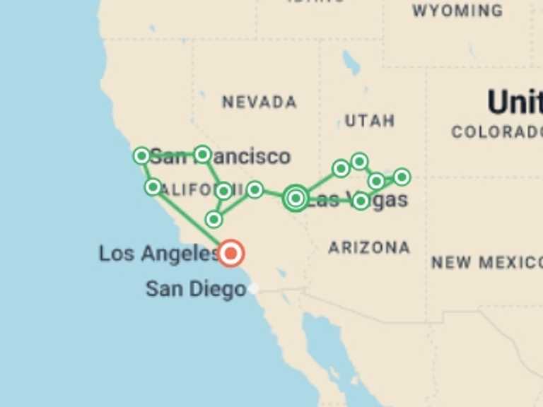 Map itinerary of USA Tour in August 2026 with 11 destination visits for the trip: Vegas & California - National Parks & Highway 1 Adventure
