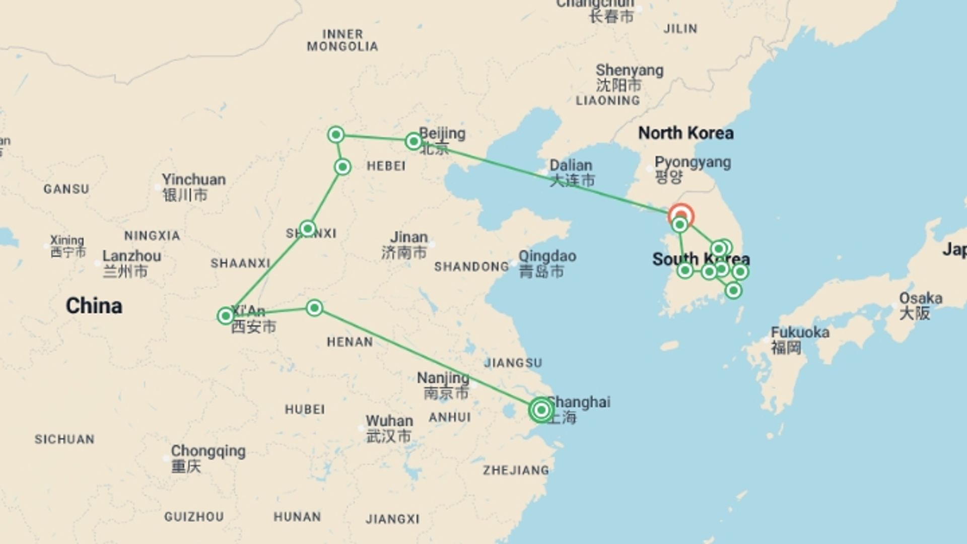 A map showing the tour itinerary for the trip: Wonders of China and Complete Korea, starting in Shanghai, China and ending in Seoul, South Korea going through 9 other destinations.